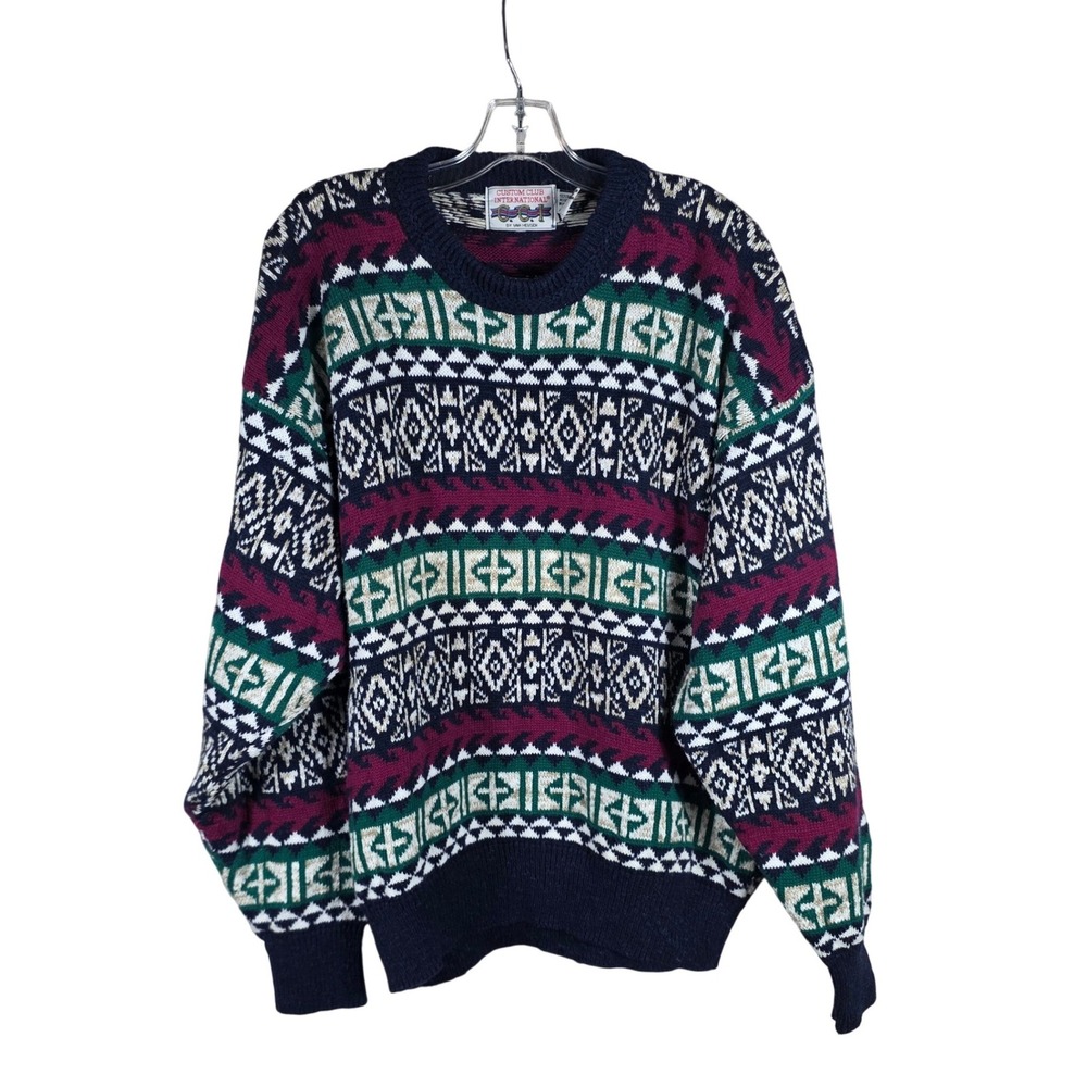 VTG Van Heusen Custom Club Geometric Fair Isle Knit Sweater Navy Large 80s 90s